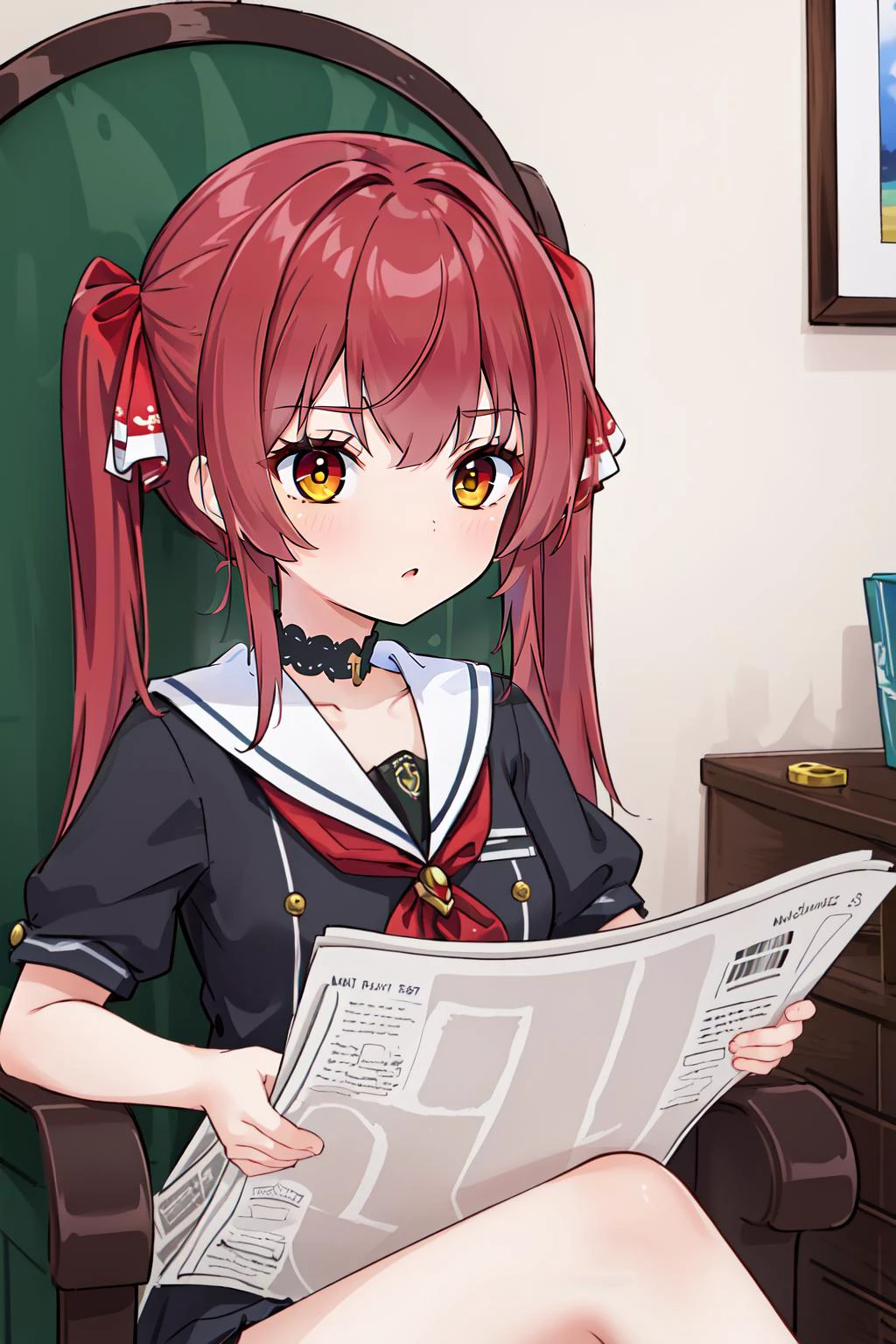 (masterpiece, best quality), intricate details,
1girl,
<lora:marinehoushoutest:0.8> marine houshou, red hair, twintails, heterochromia, (red eyes:1.5), (yellow eyes:1.5), hair ribbon,
<lora:TomReadingTheNewspaper:0.8> TomReadingTheNewspaper, sitting in chair, looking up,