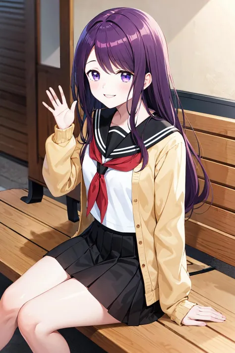 masterpiece, best quality, highres, 1girl, solo, purple hair, purple eyes, bangs, serafuku, sailor collar, red neckerchief, white shirt, brown cardigan, open clothes, long sleeves, black skirt, <lora:kubo_nagisa_v1:0.7>, sitting, smile, waving, bench,