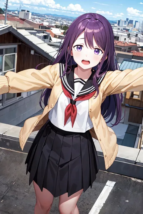 masterpiece, best quality, highres, 1girl, solo, purple hair, bangs, serafuku, sailor collar, red neckerchief, white shirt, brown cardigan, open clothes, long sleeves, black skirt, <lora:kubo_nagisa_v1:0.7>, rooftop, open mouth, outstretched arms, city, standing,