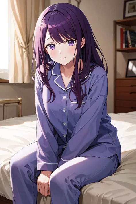 masterpiece, best quality, highres, 1girl, solo, purple hair, bangs, <lora:kubo_nagisa_v1:0.7>, pajamas, indoors, sitting, room, bed