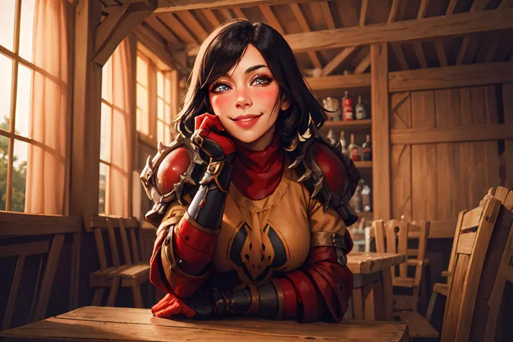 1girl, vancleef sitting in medieval tavern, drink on wooden table, head rest, smile, blush, athletic, armor, pauldrons, best quality, masterpiece, <lora:sxz-wow-vanessa-vancleef:0.7>