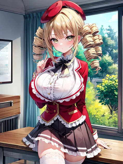 ((masterpiece, best quality, highres, distinct_image)), extremely beautiful and delicate, extremely detailed, intricate detail, cowboy shot, 1girl, solo, short stack, (:1.2), ayame reikadou, blonde hair, yellow eyes, drill hair, (twin drills:1.5), 
BREAK red skirt, thighhighs, hat, red school uniform, white thighhighs, zettai ryouiki, beret,
BREAK looking at viewer, 
BREAK indoors, classroom,
vivid colors, colorful, bloom, sky, detailed face, detailed ornament, detailed frills,
<lora:etc_reikadou ayame:0.8> <lora:1CL_add details:0.25> <lora:1CL_short stack:1>