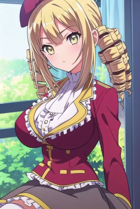 ayamereikadou, <lora:ayamereikadoutest:1>,
ayame reikadou, blonde hair, (yellow eyes:1.5), drill hair, (twin drills:1.5),
BREAK skirt, thighhighs, hat, school uniform, white thighhighs, zettai ryouiki, beret,
BREAK looking at viewer,
BREAK indoors, classroom,
BREAK <lora:GoodHands-vanilla:1>, (masterpiece:1.2), best quality, high resolution, unity 8k wallpaper, (illustration:0.8), (beautiful detailed eyes:1.6), extremely detailed face, perfect lighting, extremely detailed CG, (perfect hands, perfect anatomy),