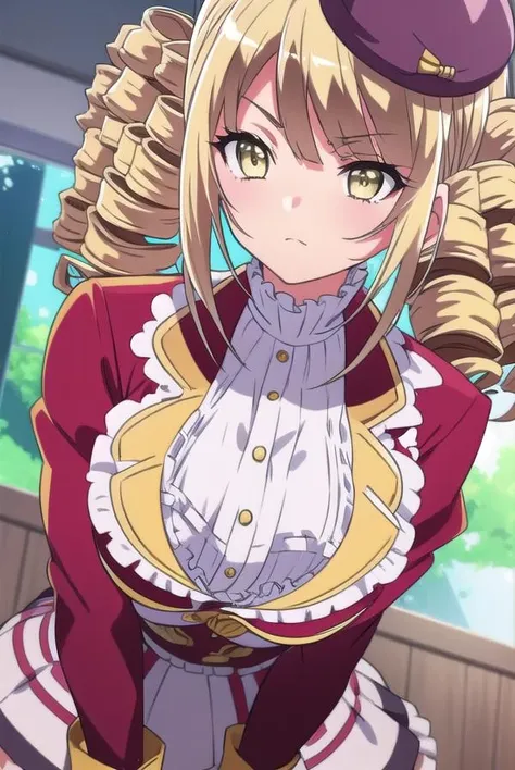 ayamereikadou, <lora:ayamereikadoutest:1>,
ayame reikadou, blonde hair, (yellow eyes:1.5), drill hair, (twin drills:1.5),
BREAK skirt, thighhighs, hat, school uniform, white thighhighs, zettai ryouiki, beret,
BREAK looking at viewer,
BREAK indoors, classroom,
BREAK <lora:GoodHands-vanilla:1>, (masterpiece:1.2), best quality, high resolution, unity 8k wallpaper, (illustration:0.8), (beautiful detailed eyes:1.6), extremely detailed face, perfect lighting, extremely detailed CG, (perfect hands, perfect anatomy),