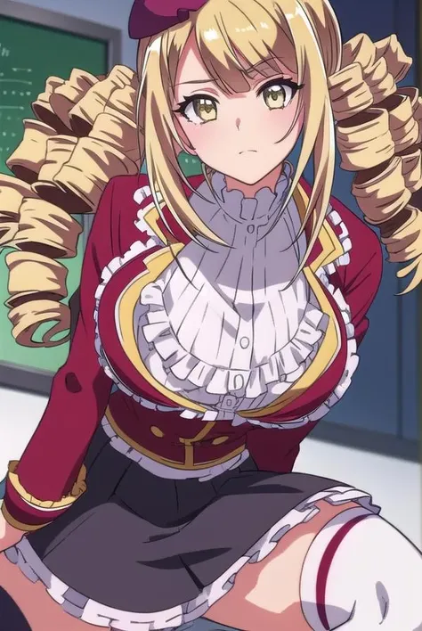 ayamereikadou, <lora:ayamereikadoutest:1>,
ayame reikadou, blonde hair, (yellow eyes:1.5), drill hair, (twin drills:1.5),
BREAK skirt, thighhighs, hat, school uniform, white thighhighs, zettai ryouiki, beret,
BREAK looking at viewer,
BREAK indoors, classroom,
BREAK <lora:GoodHands-vanilla:1>, (masterpiece:1.2), best quality, high resolution, unity 8k wallpaper, (illustration:0.8), (beautiful detailed eyes:1.6), extremely detailed face, perfect lighting, extremely detailed CG, (perfect hands, perfect anatomy),