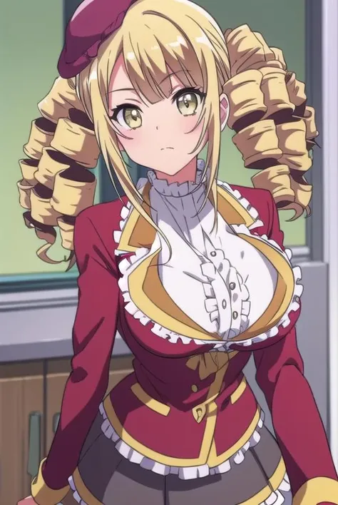 ayamereikadou, <lora:ayamereikadoutest:1>,
ayame reikadou, blonde hair, (yellow eyes:1.5), drill hair, (twin drills:1.5),
BREAK skirt, thighhighs, hat, school uniform, white thighhighs, zettai ryouiki, beret,
BREAK looking at viewer,
BREAK indoors, classroom,
BREAK <lora:GoodHands-vanilla:1>, (masterpiece:1.2), best quality, high resolution, unity 8k wallpaper, (illustration:0.8), (beautiful detailed eyes:1.6), extremely detailed face, perfect lighting, extremely detailed CG, (perfect hands, perfect anatomy),