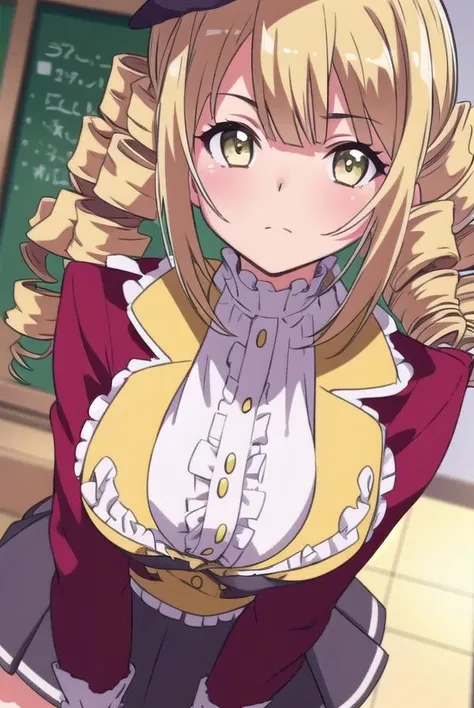 ayamereikadou, <lora:ayamereikadoutest:1>,
ayame reikadou, blonde hair, (yellow eyes:1.5), drill hair, (twin drills:1.5),
BREAK skirt, thighhighs, hat, school uniform, white thighhighs, zettai ryouiki, beret,
BREAK looking at viewer,
BREAK indoors, classroom,
BREAK <lora:GoodHands-vanilla:1>, (masterpiece:1.2), best quality, high resolution, unity 8k wallpaper, (illustration:0.8), (beautiful detailed eyes:1.6), extremely detailed face, perfect lighting, extremely detailed CG, (perfect hands, perfect anatomy),