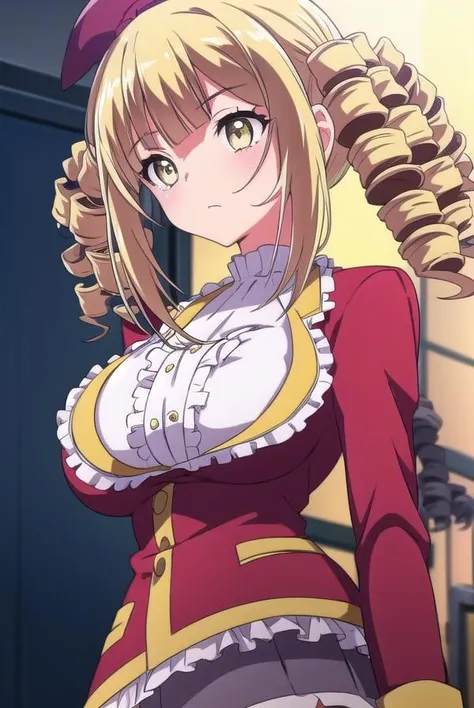 ayamereikadou, <lora:ayamereikadoutest:1>,
ayame reikadou, blonde hair, (yellow eyes:1.5), drill hair, (twin drills:1.5),
BREAK skirt, thighhighs, hat, school uniform, white thighhighs, zettai ryouiki, beret,
BREAK looking at viewer,
BREAK indoors, classroom,
BREAK <lora:GoodHands-vanilla:1>, (masterpiece:1.2), best quality, high resolution, unity 8k wallpaper, (illustration:0.8), (beautiful detailed eyes:1.6), extremely detailed face, perfect lighting, extremely detailed CG, (perfect hands, perfect anatomy),