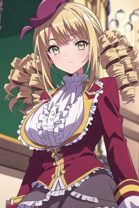 ayamereikadou, <lora:ayamereikadoutest:1>,
ayame reikadou, blonde hair, (yellow eyes:1.5), drill hair, (twin drills:1.5),
BREAK skirt, thighhighs, hat, school uniform, white thighhighs, zettai ryouiki, beret,
BREAK looking at viewer,
BREAK indoors, classroom,
BREAK <lora:GoodHands-vanilla:1>, (masterpiece:1.2), best quality, high resolution, unity 8k wallpaper, (illustration:0.8), (beautiful detailed eyes:1.6), extremely detailed face, perfect lighting, extremely detailed CG, (perfect hands, perfect anatomy),