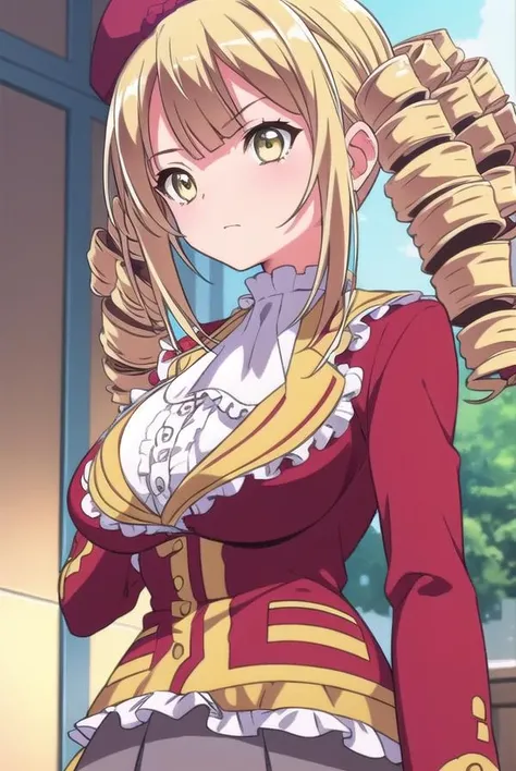 ayamereikadou, <lora:ayamereikadoutest:1>,
ayame reikadou, blonde hair, (yellow eyes:1.5), drill hair, (twin drills:1.5),
BREAK skirt, thighhighs, hat, school uniform, white thighhighs, zettai ryouiki, beret,
BREAK looking at viewer,
BREAK indoors, classroom,
BREAK <lora:GoodHands-vanilla:1>, (masterpiece:1.2), best quality, high resolution, unity 8k wallpaper, (illustration:0.8), (beautiful detailed eyes:1.6), extremely detailed face, perfect lighting, extremely detailed CG, (perfect hands, perfect anatomy),
