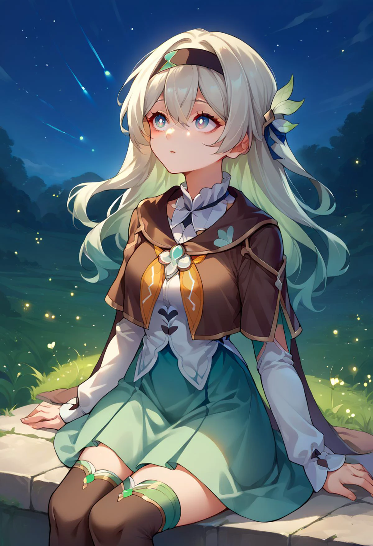 <lora:pottsness_style_xl:1> <lora:ChamFireflyPonyXL:0.7> Firefly, blue pupils, long hair, black hairband, hair ornament, brown capelet, frilled collar, white shirt, long white sleeves, green skirt, gradient thighhighs, sitting, looking up, night sky,, score_9, score_8_up, score_7_up, source_anime,