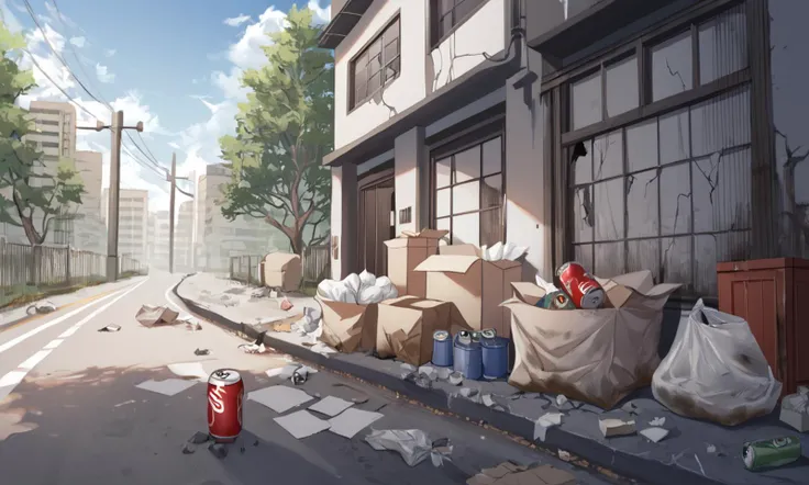 score_9, score_8_up, score_8, source_anime, <lora:pottsness_style_xl:0.81>, pottsness style, 1girl, solo, <lora:0042 garbage city_v1_pony:0.41>, ruanyi0042, dirty, bottle, box, bucket, building, cardboard box, cup, fence, food, lamppost, paper bag, plant, plastic bag, power lines, road, rubble, ruins, soda can, street, traffic light, trash bag, tree, window,