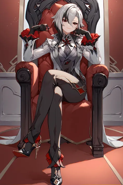 score_9, score_8_up, score_7_up, source_anime , 1girl, arlecchino \(genshin impact\), black gloves, grey tailcoat, black pants, grey vest, grey shirt, high heels, looking at viewer, sitting, smug, ojou-sama pose, crossed legs, throne, indoors  <lora:style-pottsness:0.7>  <lora:Char-Genshin-Arlecchino-Pony-V1:0.9>