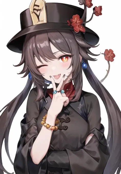 <lyco:cunnilingusgesture-08:0.7> cunnilingusgesture, 1girl, solo, long hair, looking at viewer, blush, smile, bangs, simple background, brown hair, red eyes, long sleeves, hat, white background, twintails, jewelry, upper body, flower, one eye closed, tongue, tongue out, nail polish, bracelet, symbol-shaped pupils, v, black headwear, chinese clothes, ring, black nails, beads, ghost, hat flower, bead bracelet, ;p, plum blossoms