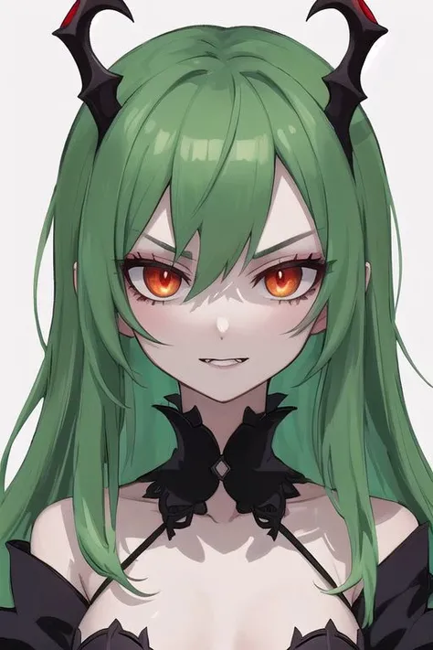 gothic, anime, evil fairy,a short ripped dress, red nails, long light green hair, evil face, fairy, dark fantasy, fairy wings with a poisonous pattern, small boobs, simples background, ElonaFacePortrait, simple background, closeup, portrait, looking at viewer