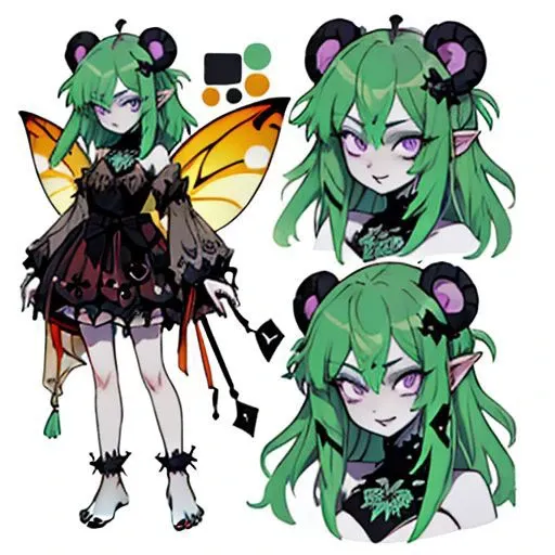 gothic, anime, evil fairy,a short ripped dress, red nails, long light green hair, evil face, fairy, dark fantasy, fairy wings with a poisonous pattern, small boobs, simples background, ElonaFacePortrait, simple background, closeup, portrait, looking at viewer, purple eyes, full body, barefoots, (CharacterSheet:1), (multiple views, full body, upper body, reference sheet:1)