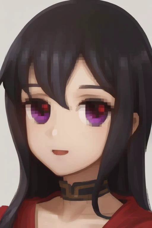 anime, 1girl ,a white sudress, , long black hair, flat chest, red eyes, simples background, ElonaFacePortrait, simple background, closeup, portrait, looking at viewer, purple eyes, full body, barefoots, Fire Emblem