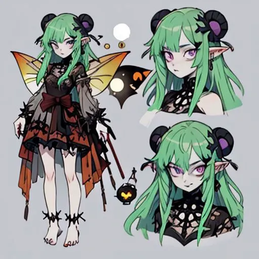 gothic, anime, evil fairy,a short ripped dress, red nails, long light green hair, evil face, fairy, dark fantasy, fairy wings with a poisonous pattern, small boobs, simples background, ElonaFacePortrait, simple background, closeup, portrait, looking at viewer, purple eyes, full body, barefoots, (CharacterSheet:1), (multiple views, full body, upper body, reference sheet:1)