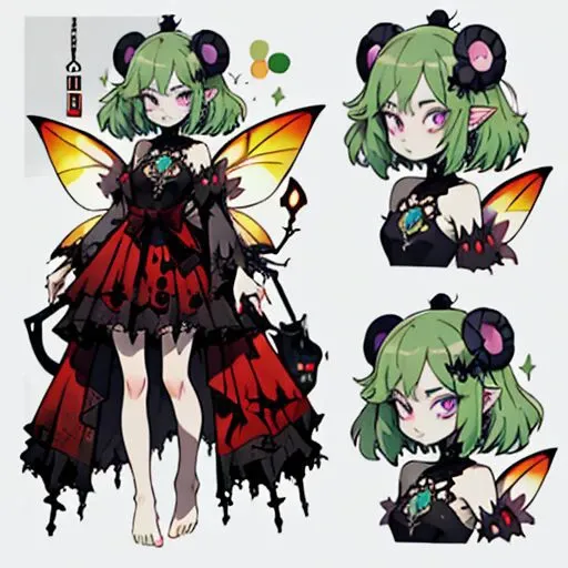 gothic, anime, evil fairy,a short ripped dress, red nails, long light green hair, evil face, fairy, dark fantasy, fairy wings with a poisonous pattern, small boobs, simples background, ElonaFacePortrait, simple background, closeup, portrait, looking at viewer, purple eyes, full body, barefoots, (CharacterSheet:1), (multiple views, full body, upper body, reference sheet:1)