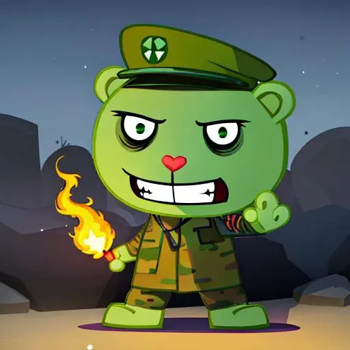 a green cartoon bear wearing a military cap, best quality, holding a torch, sadistic grin, horror, detailed beach background, full body, <lora:htf_soldier:0.9>
