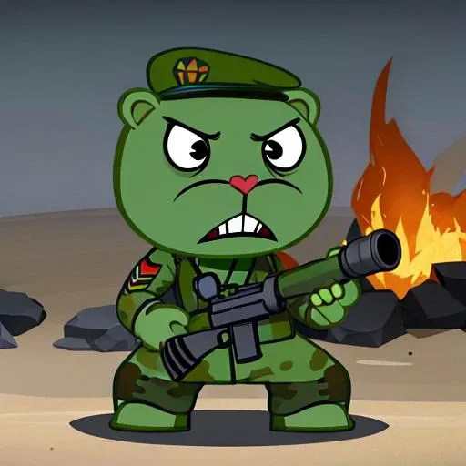 a green cartoon bear wearing a detailed military cap, best quality, holding a grenade, angry face, horror, detailed beach background, full body, <lora:htf_soldier:0.9>