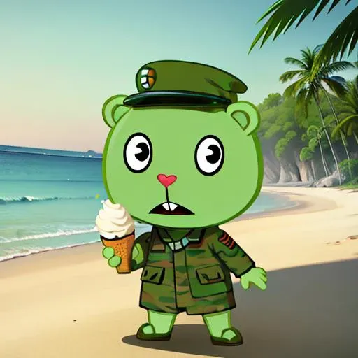 a green cartoon bear wearing a detailed military cap, best quality, holding a ice cream cone, happy face, detailed beach background, full body, <lora:htf_soldier:0.8>