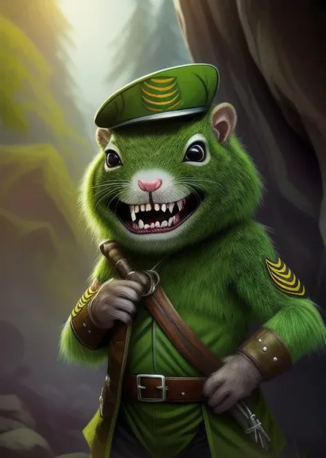 8K, high quality, detailed background, military hat, green fur,
male squirrel humanoid hybrid, dressed like a ranger, fantasy, horror, thriller, detailed fur, (furry hands:1.1), loincloth, holding a dagger in one hand, grin, (sharp rodent upper incisors :1.1), <lora:htf_soldier:1>