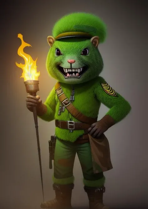 8K, high quality, detailed background, military hat, green fur, full body, htfsoldier, fluffy tail,
male squirrel humanoid hybrid, dressed like a ranger, fantasy, horror, thriller, detailed fur, (furry hands:1.1), loincloth, holding a torch in one hand, smile, sadistic, <lora:htf_soldier:1>