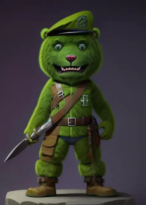 8K, high quality, detailed background, military hat, green fur, full body, htfsoldier, fluffy tail, cartoon,
male bear humanoid hybrid, dressed like a ranger, fantasy, horror, thriller, detailed fur, (furry hands:1.1), loincloth, holding a knife, smile, sadistic, <lora:htf_soldier:1>