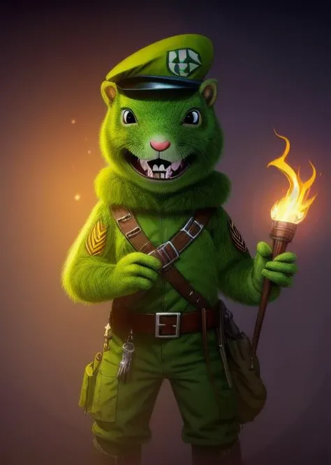 8K, high quality, detailed background, military hat, green fur, full body, htfsoldier, fluffy tail,
male squirrel humanoid hybrid, dressed like a ranger, fantasy, horror, thriller, detailed fur, (furry hands:1.1), loincloth, holding a torch in one hand, smile, sadistic, <lora:htf_soldier:1>