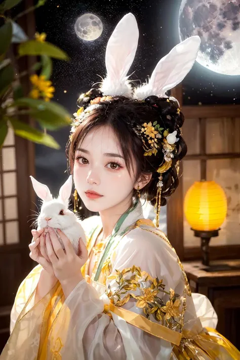 masterpiece,best quality, 1girl, rabbit, lantern, starry sky, moon, <lora:yutu:0.8>