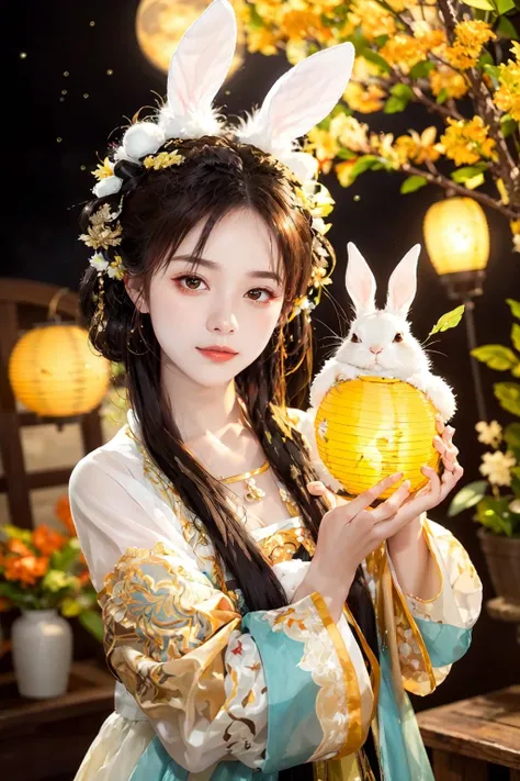 masterpiece,best quality, 1girl, rabbit, lantern, starry sky, moon, <lora:yutu:0.8>