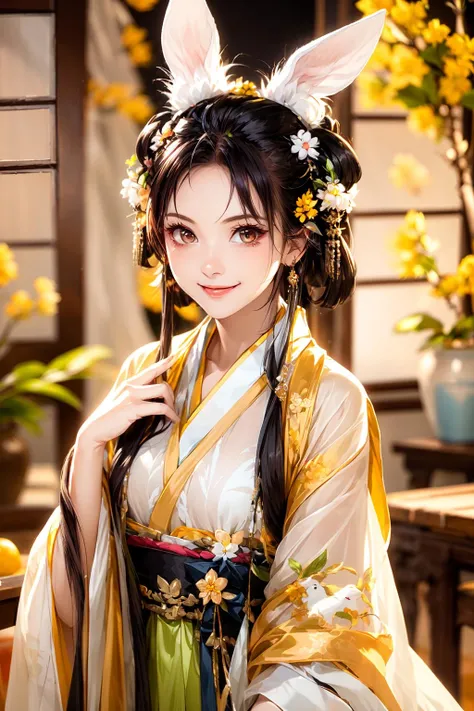 masterpiece,best quality, 1girlï¼rabbit earï¼smile, mature female, hanfuï¼sexy <lora:yutu:0.8>