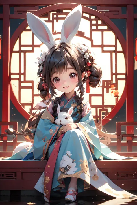masterpiece,best quality, 1girlï¼chibi, rabbit, hanfu, sitting, chinese room, window, lantern, <lora:yutu d_20230927133859-000008:0.8>
