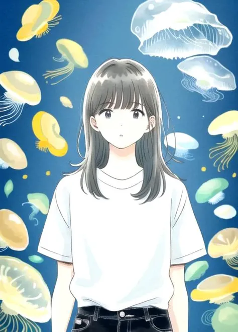0.9girl, solo, long hair, looking at viewer, bangs, shirt, white shirt, upper body, short sleeves, cowboy shot, parted lips, pants, blunt bangs, medium hair, blue background, expressionless, bubble, blue theme, shirt tucked in, jellyfish,<lora:itukastyle-06:0.9>