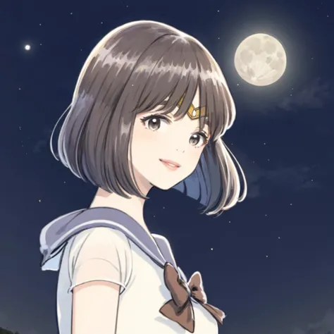 1girl, petite, aged_up, short hair,  bob_cut, upper body, small breasts, lips,   light smile, night sky, full moon <lyco:itukastyle-06:0.8> bangs, simple background, pale color,  <lora:SailorSaturnV1:1> sailor saturn <lora:kiwi style V4:0.25>