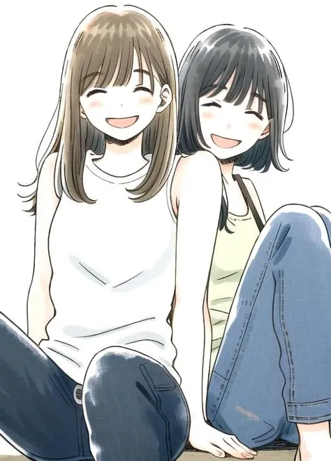 long hair, blush, smile, short hair, open mouth, bangs, multiple girls, simple background, brown hair, shirt, white background, dress, 2girls, bare shoulders, sitting, closed mouth, closed eyes, white shirt, short sleeves, :d, sleeveless, puffy sleeves, pants, blunt bangs, looking at another, looking to the side, bare arms, sleeveless dress, feet out of frame, ^_^, happy, light brown hair, tank top, denim, casual, facing viewer, knees up, tareme, backlighting, green dress, legs together, knees together feet apart, jeans, arms at sides, dot nose, blue pants, hair behind ear, ^o^, facing another, side-by-side, knees to chest, pale color<lora:itukastyle-05:1>