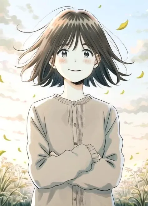 1girl, solo, looking at viewer, blush, smile, short hair, bangs, brown hair, shirt, long sleeves, white background, holding, brown eyes, closed mouth, upper body, outdoors, floating hair, leaf, bob cut, wind, tareme, backlighting, dot nose, wind lift, field, straight-on,nude,small_breast,pussy,pussy_hair,<lora:itukastyle-05:1>