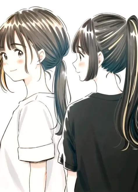 long hair, looking at viewer, blush, smile, bangs, multiple girls, simple background, brown hair, shirt, black hair, white background, 2girls, closed mouth, white shirt, upper body, ponytail, short sleeves, multicolored hair, looking back, hand up, blunt bangs, from behind, looking at another, black eyes, from side, looking to the side, profile, wavy hair, looking away, expressionless, blush stickers, light smile, t-shirt, tareme, arm at side, cropped torso, dot nose, facing away, hair behind ear, holding hair, nape, playing with own hair, pale color,<lora:itukastyle-06:1>