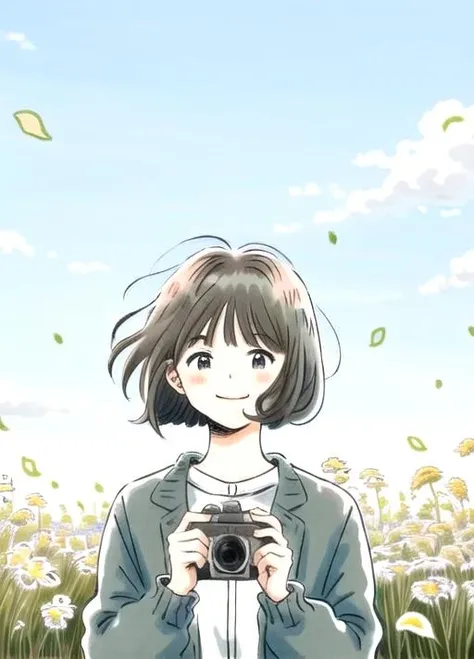 1girl, solo, looking at viewer, blush, smile, short hair, bangs, brown hair, shirt, long sleeves, white background, holding, brown eyes, closed mouth, jacket, white shirt, upper body, outdoors, open clothes, open jacket, floating hair, leaf, bob cut, cardigan, wind, tareme, backlighting, camera, dot nose, wind lift, open cardigan, field, straight-on, holding camera,<lora:itukastyle-08:1>
