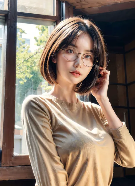 (highest quality、Tabletop、8k、Best image quality、Award-winning works)、One beautiful woman、Age 25、(alone:1.1)、Perfect beautiful composition、(Accentuate your body lines:1.1)、( Very short curly hair:1.1)、(Perfect white turtleneck sleeveless knit sweater:1.2)、(Bare arms:1.2)、(Classy and perfect round glasses:1.2)、(Your breasts are too big:1.3)、(Elegant red melton skirt:1.2)、Full body photo、Look at me and smile、(Accurate city park background with strong blur:1.1)、Standing Elegantly、Droopy eyes、Natural Makeup、Ultra-high definition beauty face、Ultra HD Hair、Ultra high resolution glowing eyes、Super high quality glossy lip、(Accurate anatomy:1.1)、(very bright and vivid:1.1)