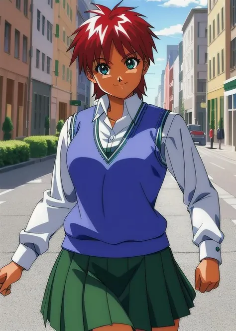masterpiece, highres, street, solo, cowboy shot, sasamoto narumi, smile, standing, blue sweater vest, long sleeves, green pleated skirt, miniskirt