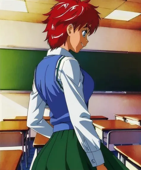 masterpiece, best quality, anime screencap, from behind, classroom, 1girl, red hair, green eyes, thick eyebrows, smile, looking back, ( white shirt, long sleeves, blue sweater vest, green skirt skirt lift, lifted by self:1.2 ), white panties, ass, sasamoto narumi