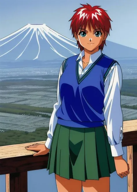 masterpiece, highres, mount fuji, japan, solo, cowboy shot, sasamoto narumi, smile, standing, blue sweater vest, long sleeves, green pleated skirt, miniskirt