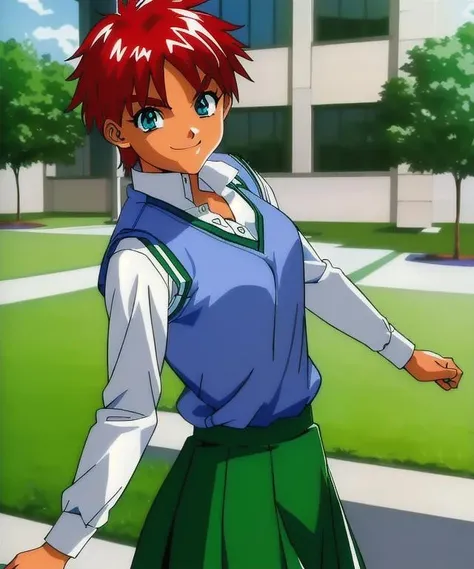 masterpiece, best quality, anime screencap, from below, sky, 1girl, red hair, green eyes, thick eyebrows, smile, standing, ( white shirt, long sleeves, blue sweater vest, green skirt ), upskirt, pantyshot, white panties, sasamoto narumi