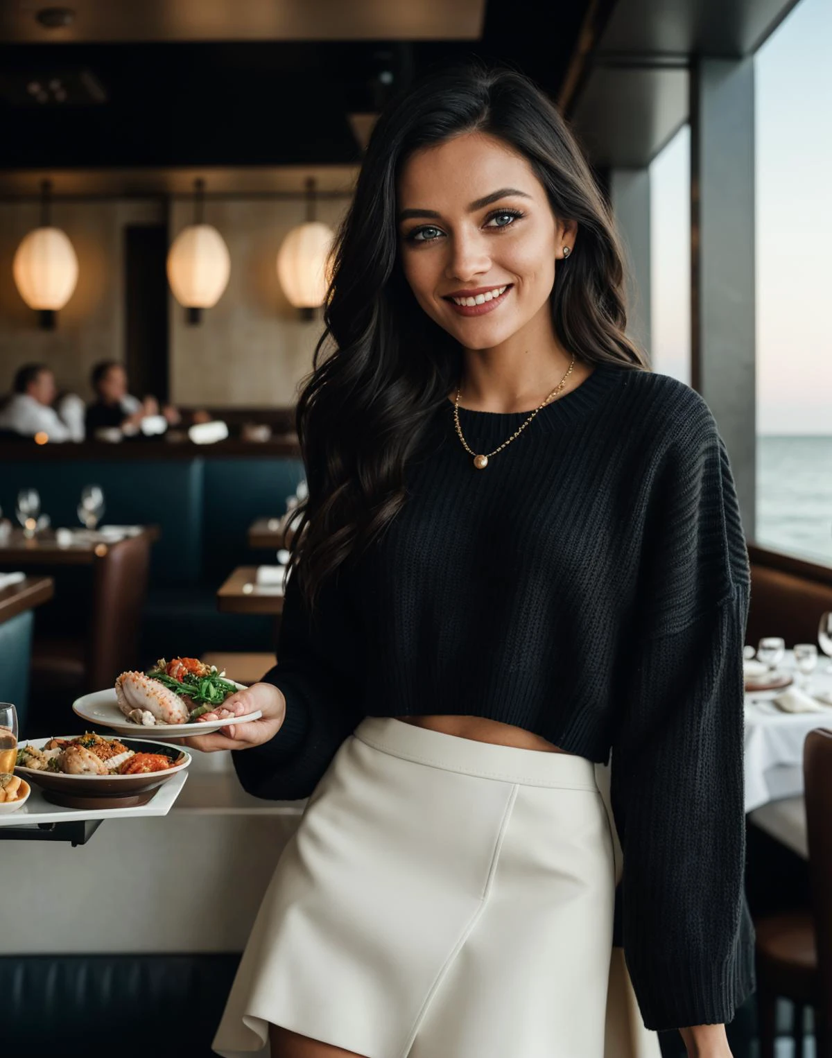 photo of gorgeous, (smiling), perfect eyes, highly detailed beautiful expressive eyes, detailed eyes, glamorous hair,(award winning modern photography), (oversized cropped sweater and skirt:1.1), 85mm, (analog, cinematic, film grain:1.3), (A chic, contemporary seafood restaurant, filled with gourmet dishes and a relaxed, seaside atmosphere:1.2), detailed eyes, (epiCPhoto), necklace, eyeliner, (looking at viewer:1.2), (cinematic shot:1.3),