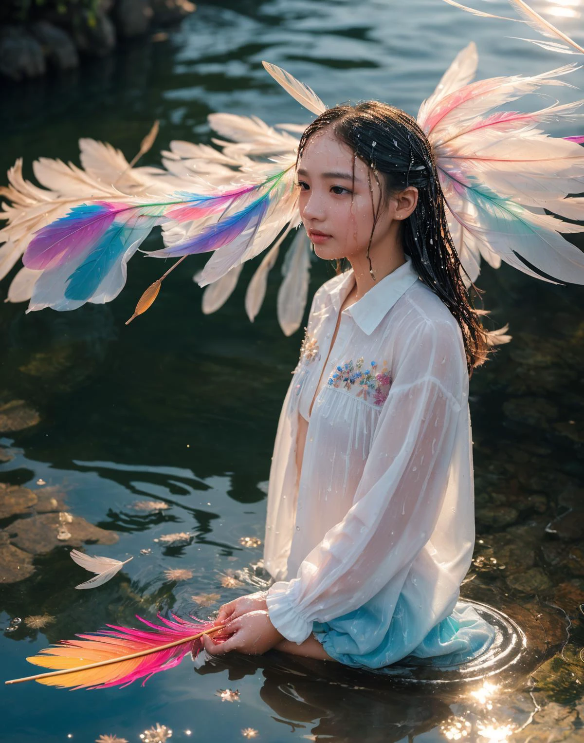 1girl, (masterpiece:1.2), best quality, multicolored, masterpiece, best quality,((an extremely delicate and beautiful)), floating, (detailed wet clothes), (detailed light), feather, nature, (sunlight), river, floating palace, beautiful and delicate water, (bloom), (shine), colorful, panorama, landscape, Colorful portraits, dynamic lighting