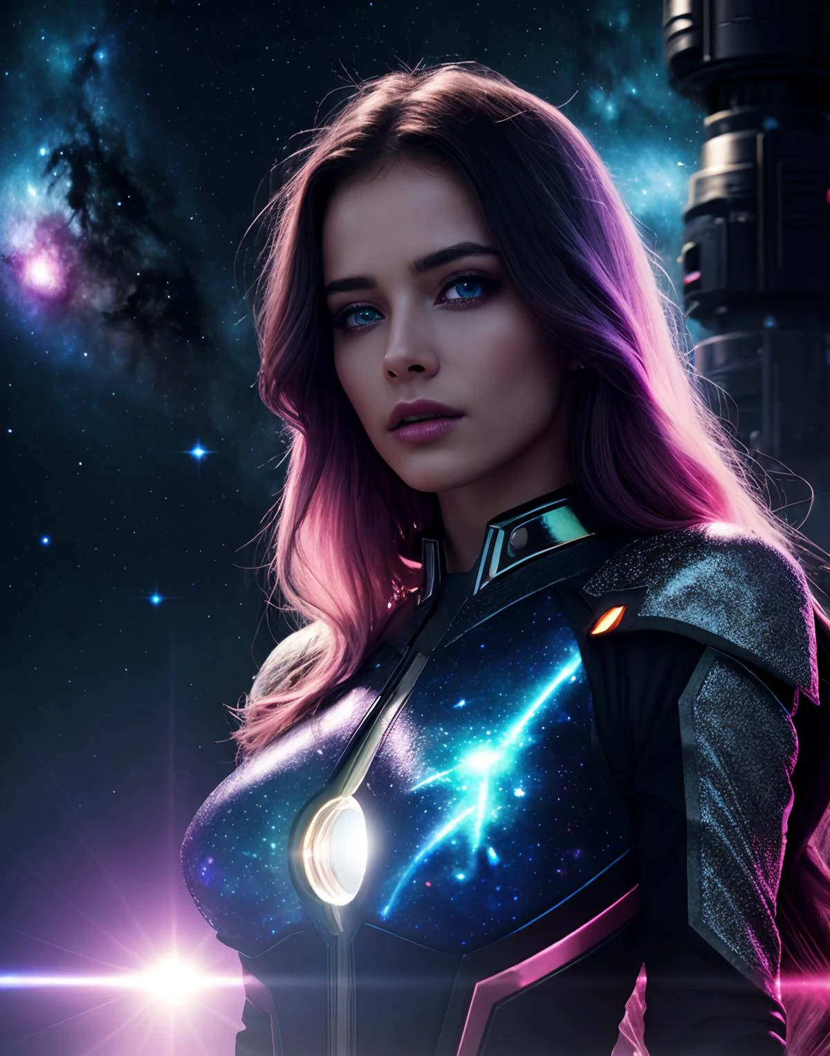 1female. Erotic sexy cosmic entity. Celestial heavenly body. Futuristic apparel. Surrounded by cloud of glowing gas. Serious. Dark starry sky in the background with galaxies, pastel colors. Perfect eyes, highly detailed beautiful expressive eyes, detailed eyes, 35mm photograph, film, bokeh, professional, highly detailed dynamic lighting, photorealistic, 8k, raw, rich, intricate details, key visual, bright vivid colors, backlight, lens flare. Lifeforce.