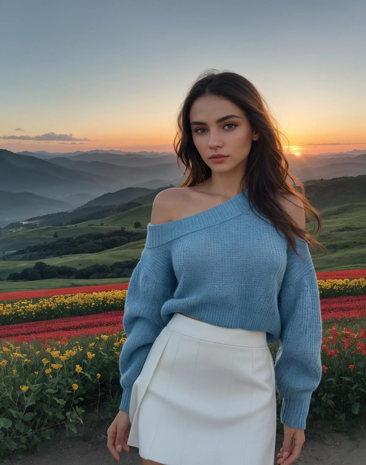 (32K resolution, masterpiece, ultra high quality, best quality, ultra high definition, perfect anatomy, Incredibly detailed, RAW, ultra super realistic, photorealistic, cinematic lighting, exquisitely detailed, extremely intricate, 8k UHD, high resolution), (1girl), wearing a one shoulder cropped sweater and skirt, perfect eyes, highly detailed beautiful expressive eyes, detailed eyes, standing in the middle of a flower field, facing camera. vast open view in the background, mountains, hills, sunset, dynamic vivid colors