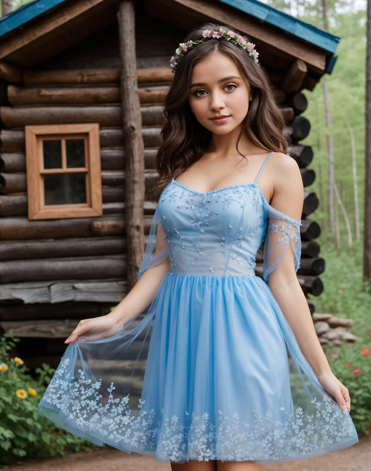 Cute blue Disney style sheer dress, perky breasts, perfect eyes, highly detailed beautiful expressive eyes, little log cabin, oversized flowers, 35mm photograph, film, bokeh, professional, 4k, highly detailed dynamic lighting, photorealistic, 8k, raw, rich, intricate details, key visual, vivid colors